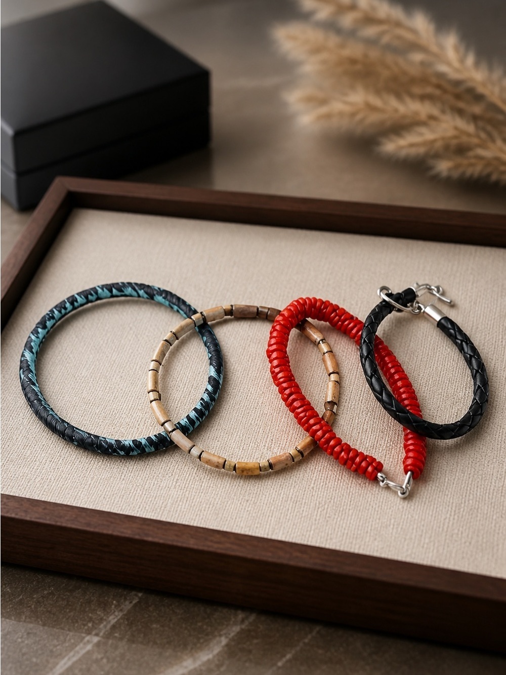 EUC 4 Bracelets Rope black and red/orange; Wood Bangle; Wood Gold/Brown Stretxh